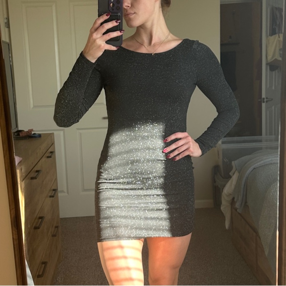 Lulu's Shimmering Black Long Sleeve Dress with Open Back